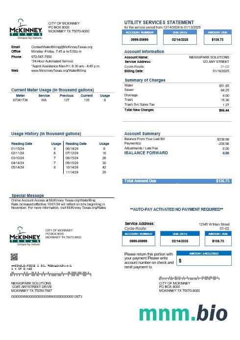 USA Texas McKinney rachunek za usługi komunalne szablon w formacie Word i PDF